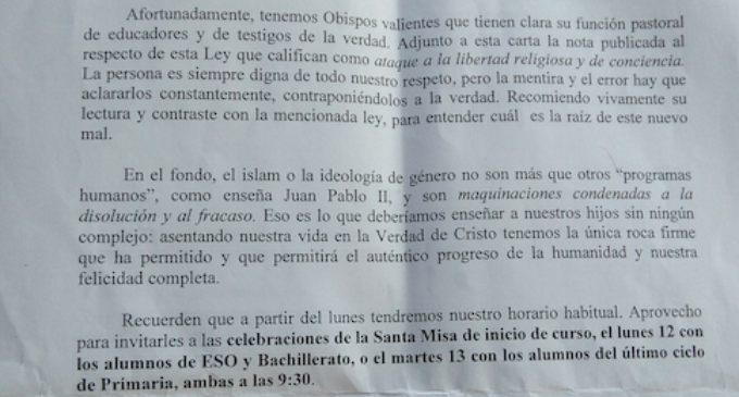 Un colegio equipara la ley contra la LGTBIfobia al “fanatismo musulmán”