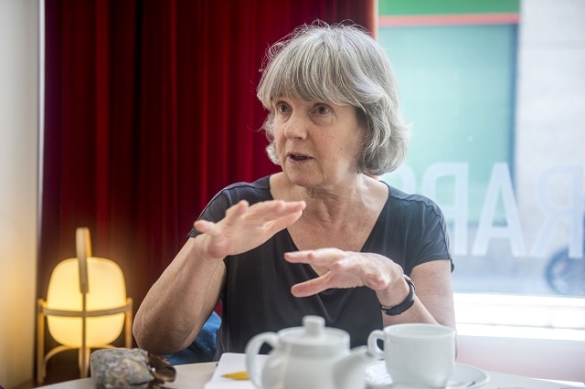 Susan Watkins, durante la charla mantenida con 'La Marea' en Madrid. Foto: DANI GAGO