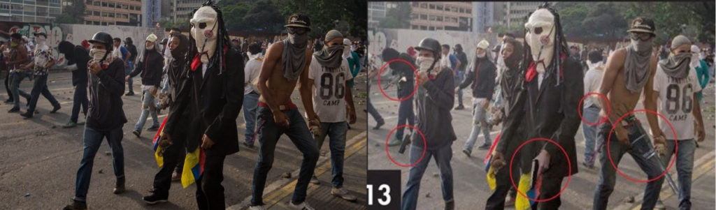 A la izquierda, la imagen original (EFE/Miguel Gutiérrez); a la derecha, foto manipulada en la que dos manifestantes portan armas.