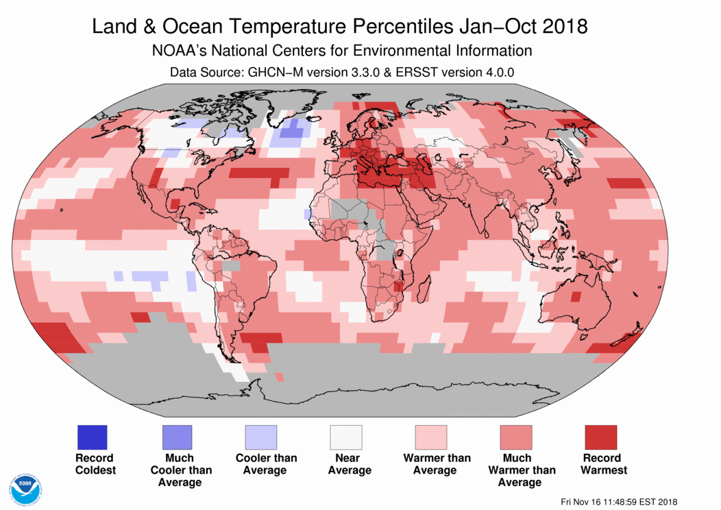 2018 es, hasta la fecha, el cuarto año más cálido jamás registrado. Imagen: NOAA