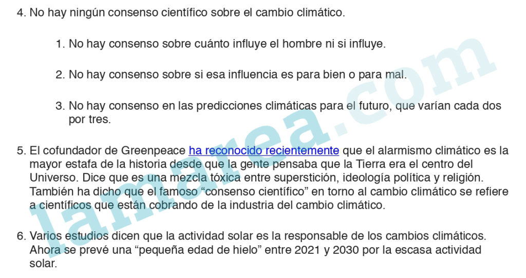 Extracto del argumentario de VOX sobre cambio climático